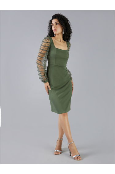 Square Neck Beaded Sleeves Sheath Knee Length Dress