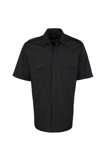 Premier Mens Short Sleeve Pilot Plain Work Shirt - Black