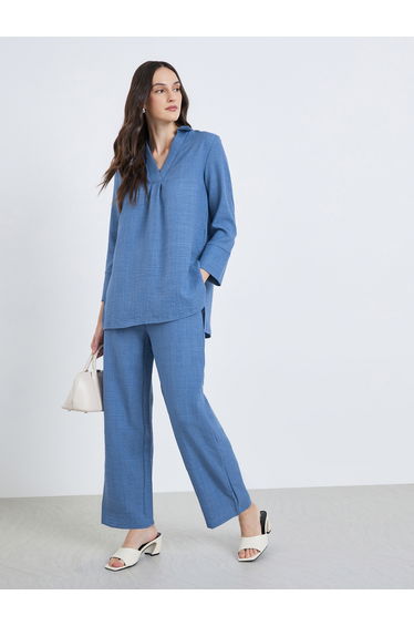 Women Blue Longline Shirt with 3/4 Sleeve