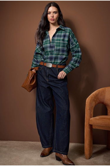 Blue-multicolor flannel plaid oversize/wide fit shirt