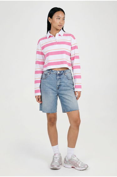 Stripe Cropped Long Sleeve Rugby Top - pink