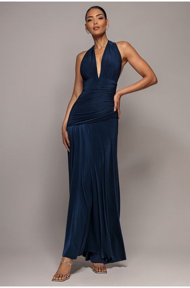 Halter Neck Empire Waist Gathered Maxi Dress - Navy Blue by Goddiva