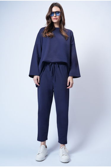 Women's Navy Blue Crew Neck Asymmetrical Cut Oversized Sweatshirt and Pants Set