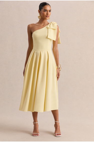 Meria | Lemon Asymmetric-Neck Midi Dress With Bow-Sleeve