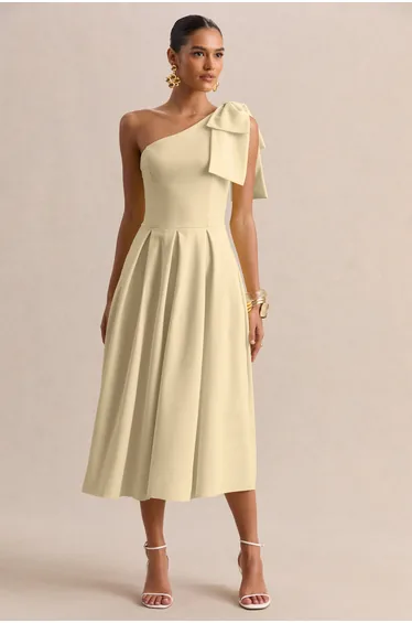 Meria | Lemon Asymmetric-Neck Midi Dress With Bow-Sleeve