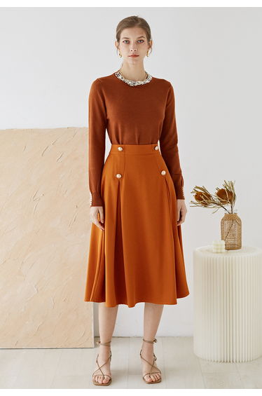 Pearl Trimmed Soft Knit Top in Caramel