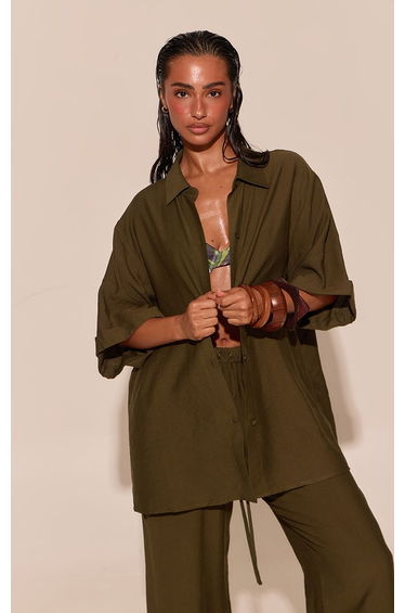 Khaki Linen Look Drop Shoulder Beach Shirt