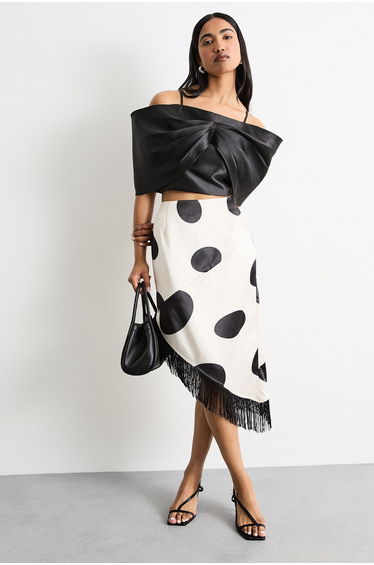 Abstract Printed Satin Fringed Midi Skirt