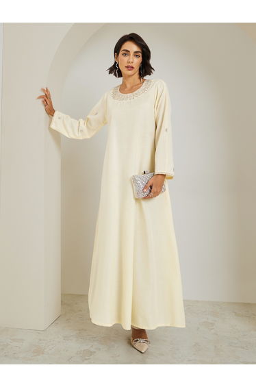 Women Yellow Linen Embellished Jalabiya