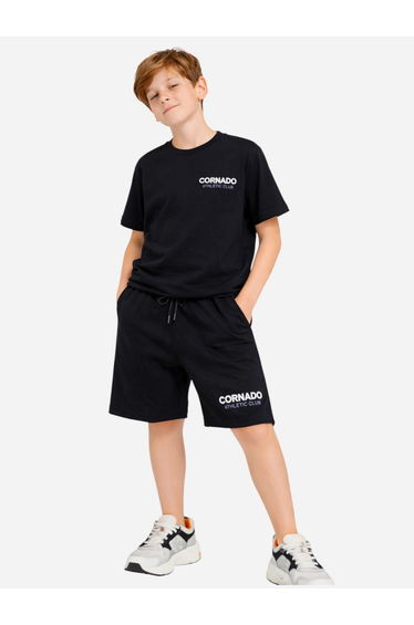 Boys Text Print Relaxed T-Shirt and Shorts Set