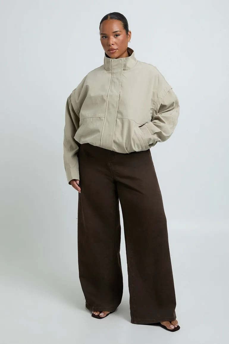 Plus Peached Funnel Neck Jacket - stone