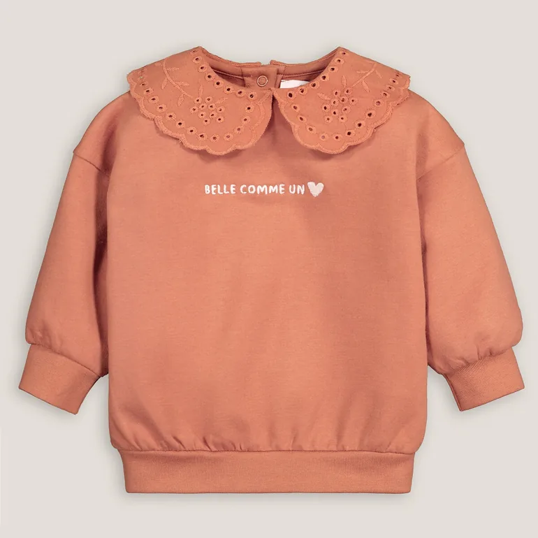 Cotton Embroidered Slogan Sweatshirt with Peter Pan Collar - 1