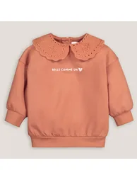 Cotton Embroidered Slogan Sweatshirt with Peter Pan Collar - 1