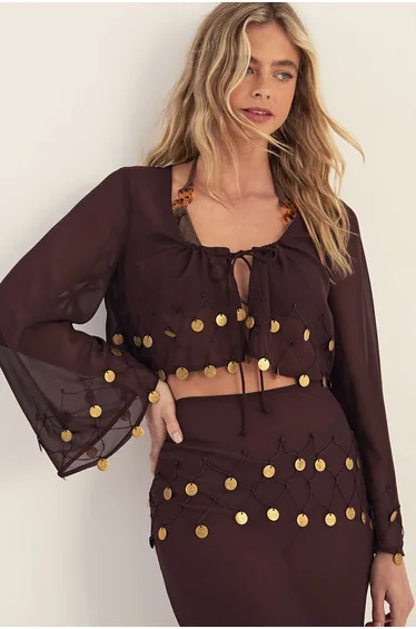 Sheer Coin Trim Tie Front Beach Top