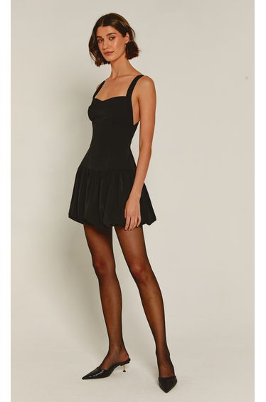 Black Drop Waist Bubble Hem Mini Dress