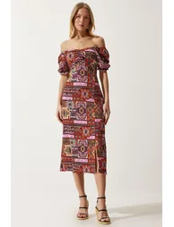 Women Tile Elastic Carmen Collar Summer Viscose Dress