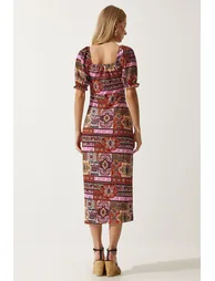 Women Tile Elastic Carmen Collar Summer Viscose Dress - 4