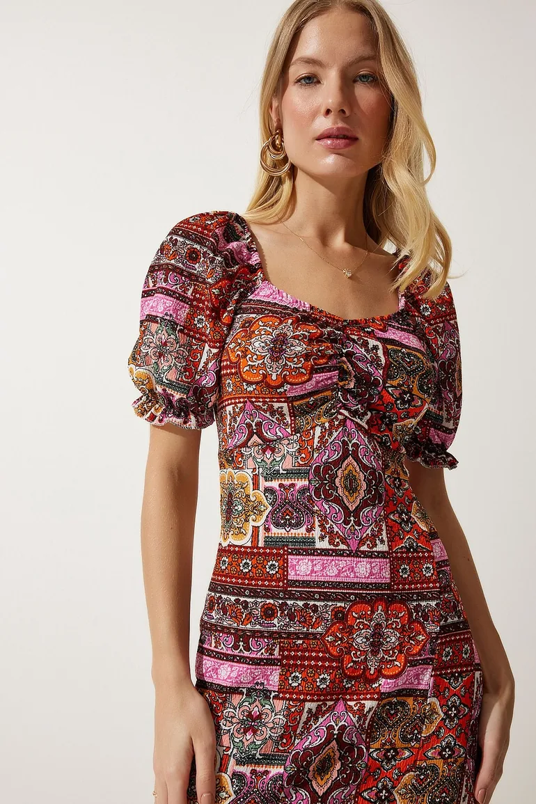 Women Tile Elastic Carmen Collar Summer Viscose Dress - 1