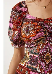 Women Tile Elastic Carmen Collar Summer Viscose Dress - 3