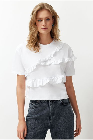 White Ruffle Detailed Relaxed Short Sleeve Knitted T-Shirt