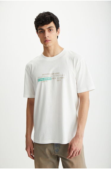 Men's 100% Cotton Crew Neck Printed Ecru T-Shirt