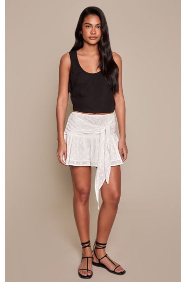White Polka Dot Embossed Cotton Wrap Detail Mini Skirt