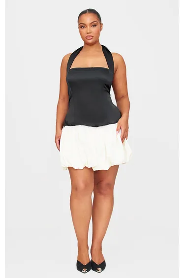 Black Satin Contrast Puffball Dress