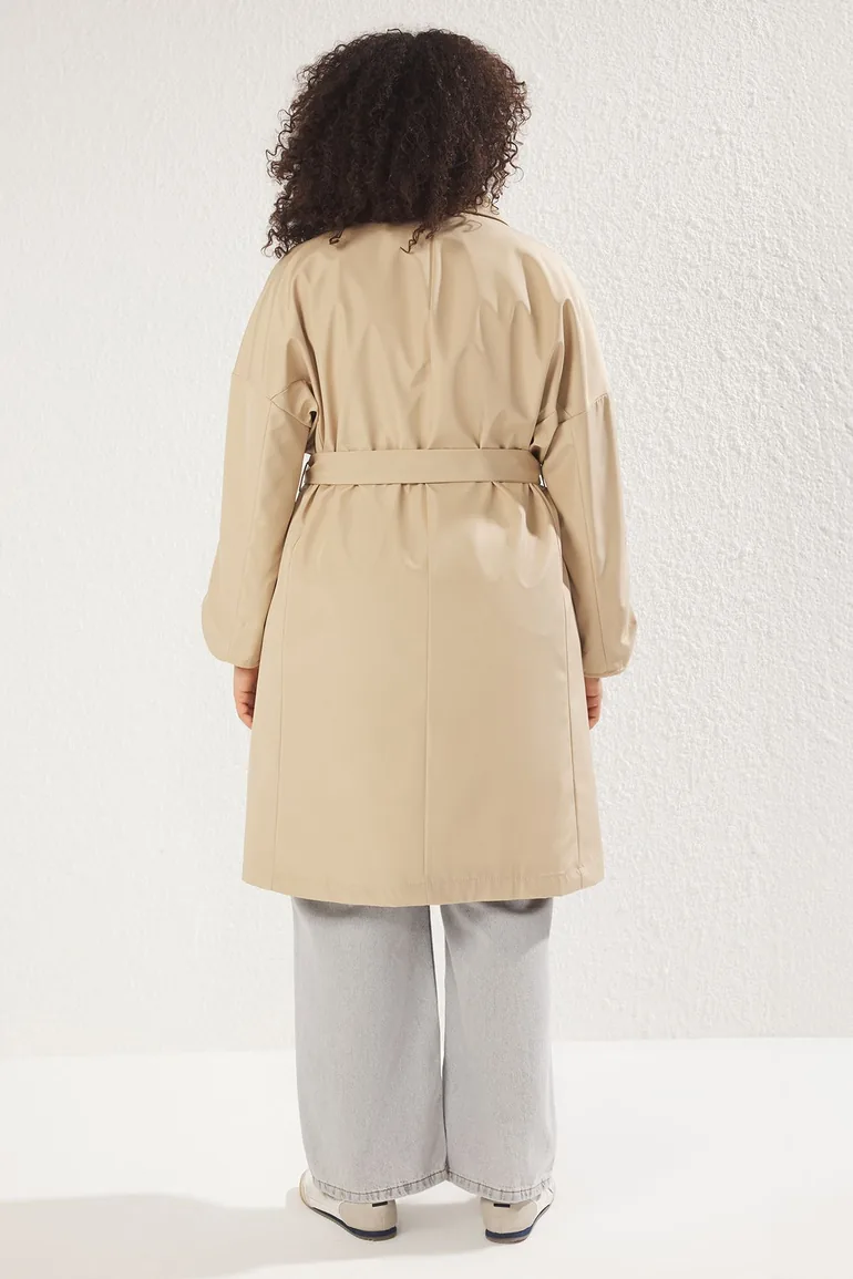 Beige Long Oversize Plus Size Trench Coat - 4