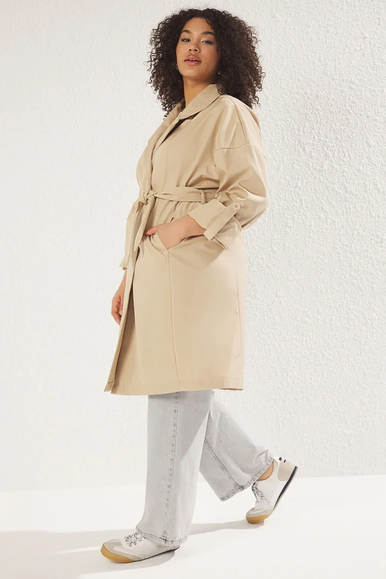 Beige Long Oversize Plus Size Trench Coat - 1