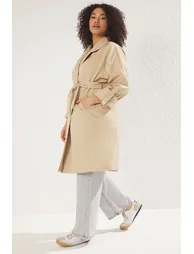 Beige Long Oversize Plus Size Trench Coat - 1