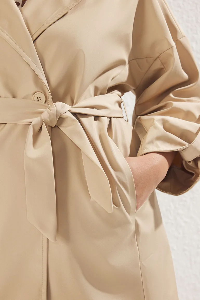 Beige Long Oversize Plus Size Trench Coat - 3