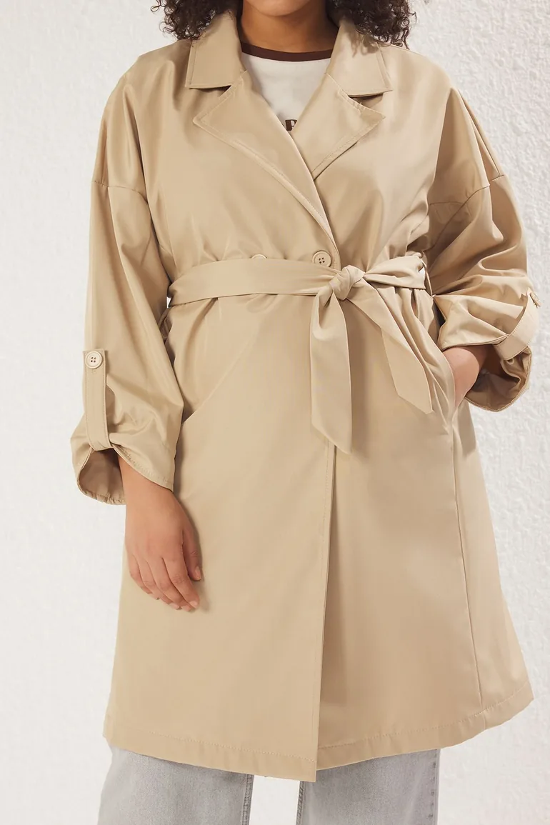 Beige Long Oversize Plus Size Trench Coat - 2