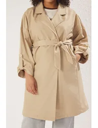 Beige Long Oversize Plus Size Trench Coat - 2