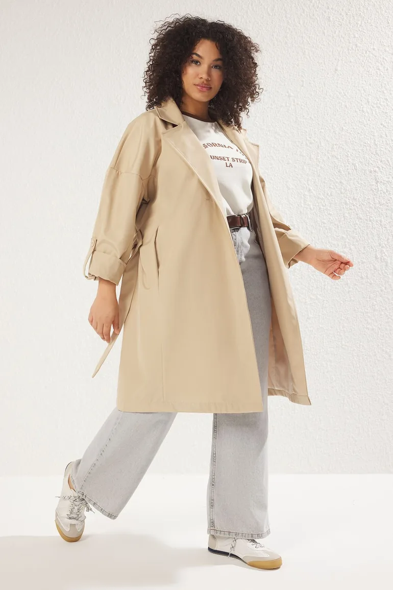 Beige Long Oversize Plus Size Trench Coat