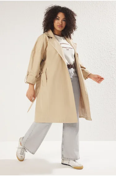Beige Long Oversize Plus Size Trench Coat