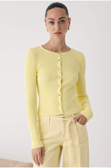 Yellow Mercerized Look Ribbed Knitwear Cardigan