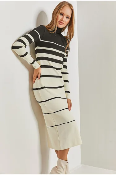Women's Turtleneck Striped Long Knitwear Dress