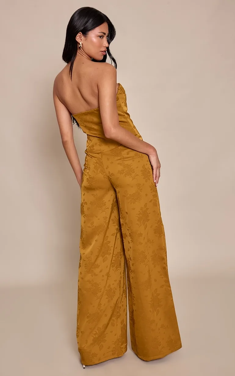 Chartreuse Satin Jacquard Bandeau Straight Leg Jumpsuit - 1