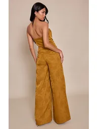 Chartreuse Satin Jacquard Bandeau Straight Leg Jumpsuit - 1