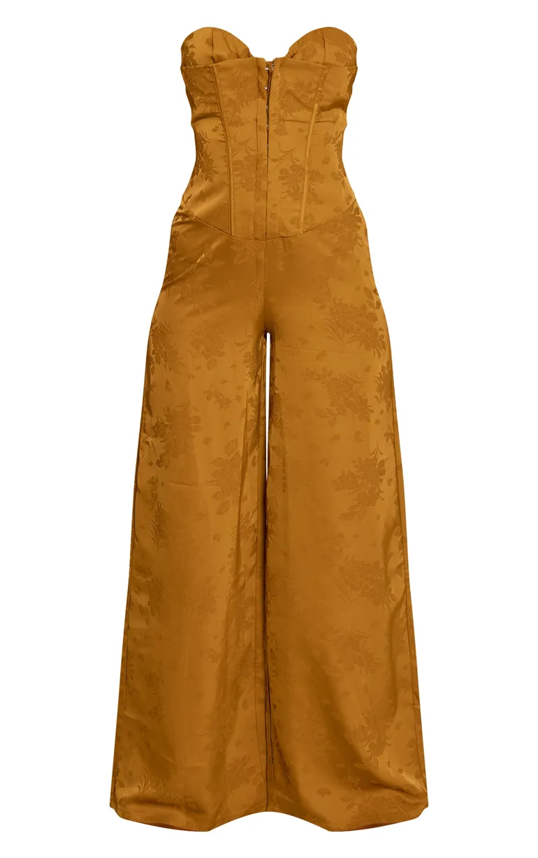 Chartreuse Satin Jacquard Bandeau Straight Leg Jumpsuit - 4