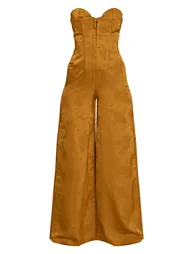 Chartreuse Satin Jacquard Bandeau Straight Leg Jumpsuit - 4