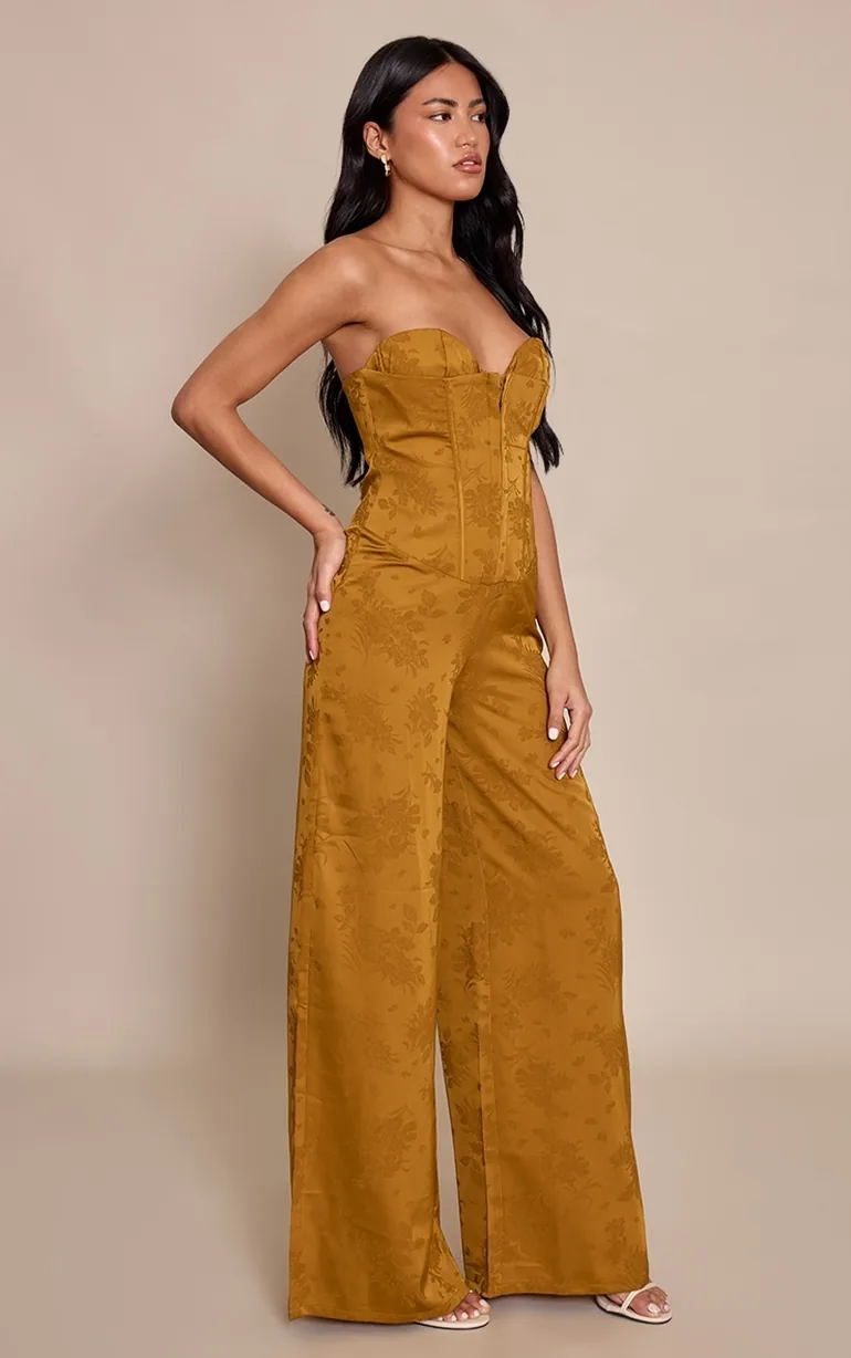 Chartreuse Satin Jacquard Bandeau Straight Leg Jumpsuit - 2