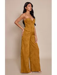 Chartreuse Satin Jacquard Bandeau Straight Leg Jumpsuit - 2