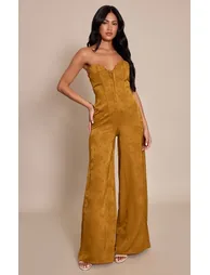Chartreuse Satin Jacquard Bandeau Straight Leg Jumpsuit