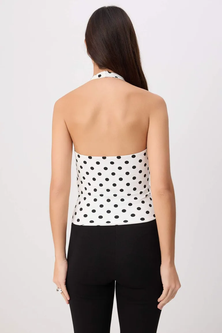 Ecru Polka Dot Fitted Halter Neck Sleeveless Short Stretchy Knitted Blouse - 3