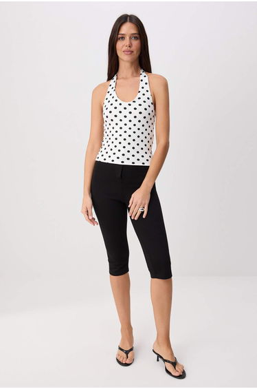 Ecru Polka Dot Fitted Halter Neck Sleeveless Short Stretchy Knitted Blouse