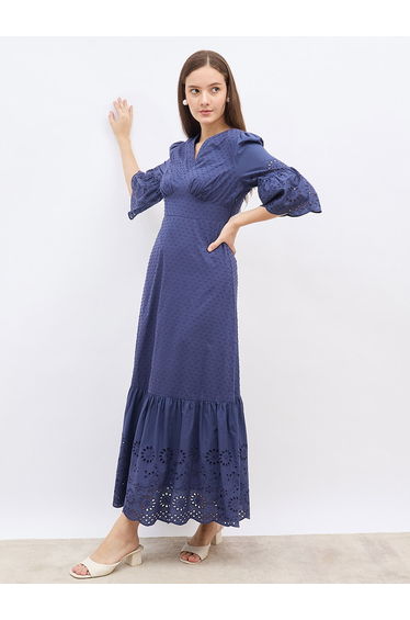 Schiffli Detail Ruffled Hem A-Line Maxi Dress