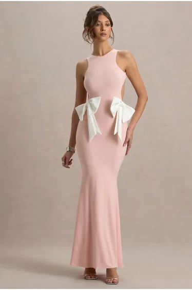 فستان ماكسي بفيونكة بفتحات - زهري