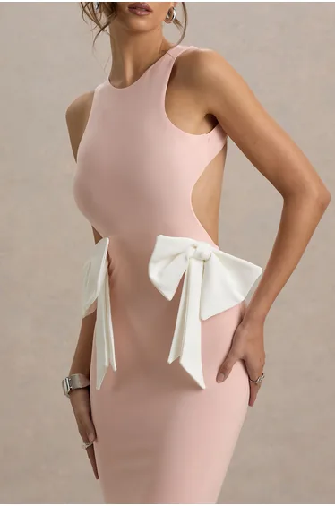 فستان ماكسي بفيونكة بفتحات - زهري