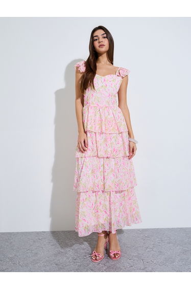Pink Floral Print Layered Maxi Dress
